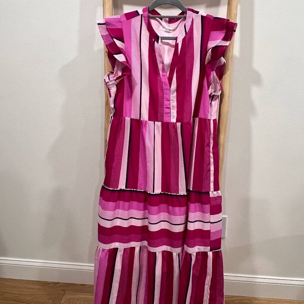 Magenta Flutter Sleeve Stripe Maxi Dress